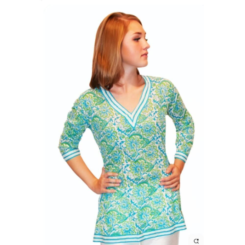 Gretchen Scott O'Keefe V-Neck Floral Printed Tunic Teal Green Women's Size XS